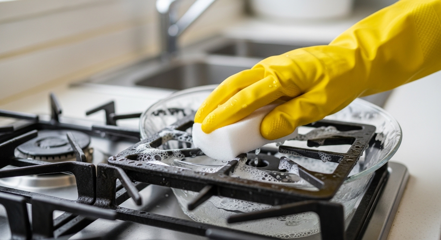 Bàn tay đeo găng vàng dùng miếng bọt biển trắng nhẹ nhàng cọ rửa vỉ bếp ga trong chậu nước xà phòng, minh họa cách vệ sinh bếp ga hiệu quả.