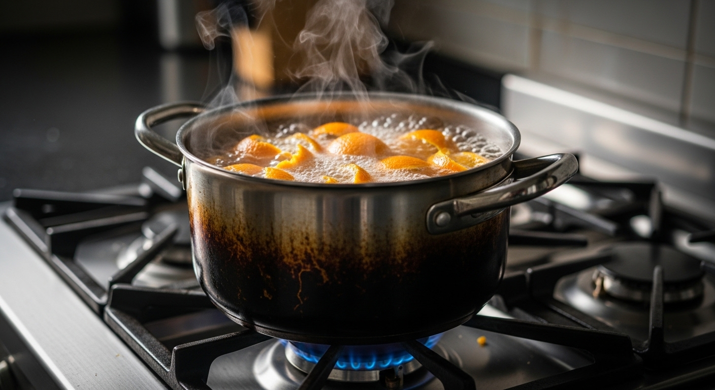 Nồi inox hơi cháy xém chứa nước và vỏ cam đang sôi nhẹ trên bếp gas, minh họa bí quyết làm việc nhà hiệu quả để khử mùi hoặc làm sạch không gian.