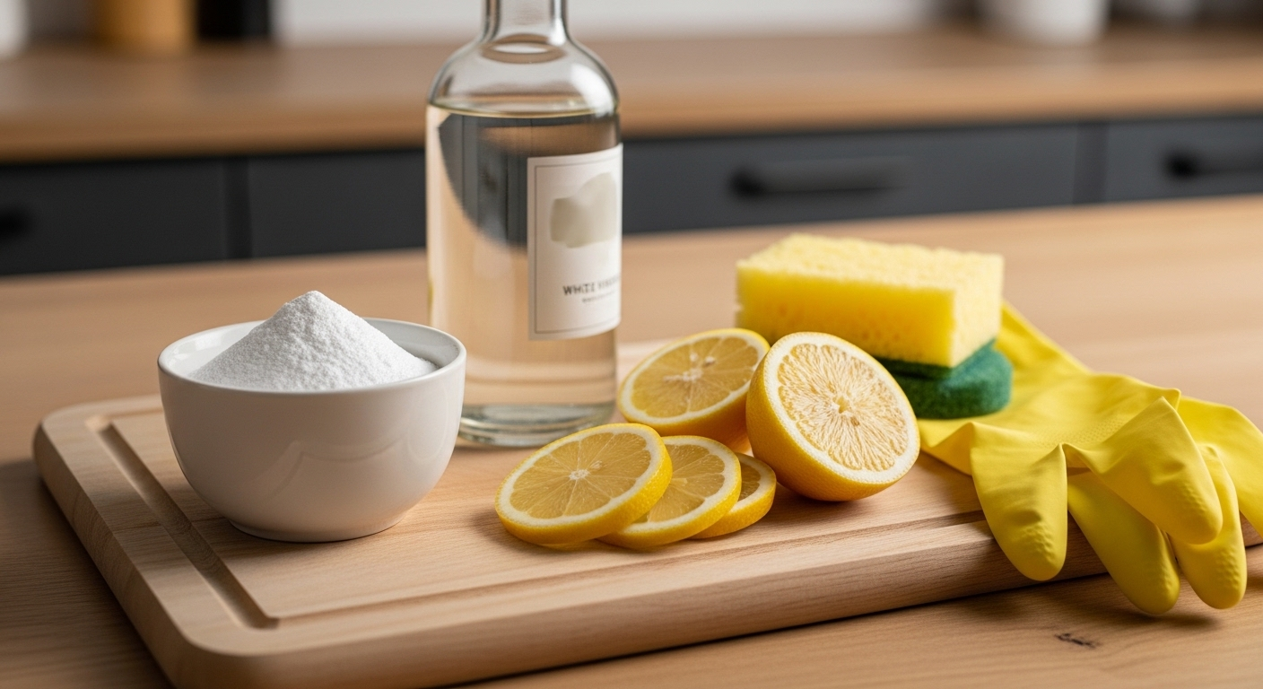 Bột baking soda, giấm trắng, chanh tươi, miếng bọt biển và găng tay vàng – bộ nguyên liệu tự nhiên lý tưởng cho cách vệ sinh bếp ga hiệu quả.