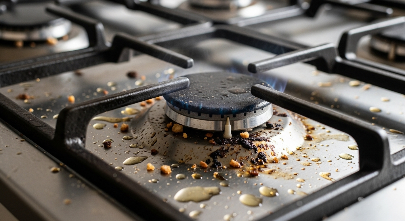 Cận cảnh bếp ga inox bám dầu mỡ, cặn thức ăn khô và các vết xỉn màu – tình trạng cần vệ sinh bếp ga kỹ lưỡng.