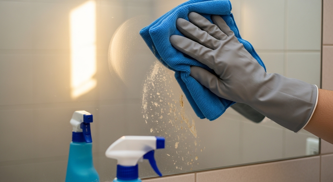 Một bàn tay đeo găng dùng khăn microfiber xanh đang lau gương nhà tắm, tạo ra sự tương phản giữa phần đã sạch bóng và phần còn mờ sương. Chai xịt lau kính đặt trên bệ, minh họa cho cách vệ sinh gương nhà tắm hiệu quả.