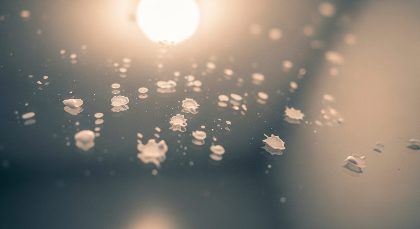 Cận cảnh vết kem đánh răng khô trắng bám trên gương phòng tắm. Hình ảnh quen thuộc khi cần tìm cách vệ sinh gương phòng tắm sạch bóng.