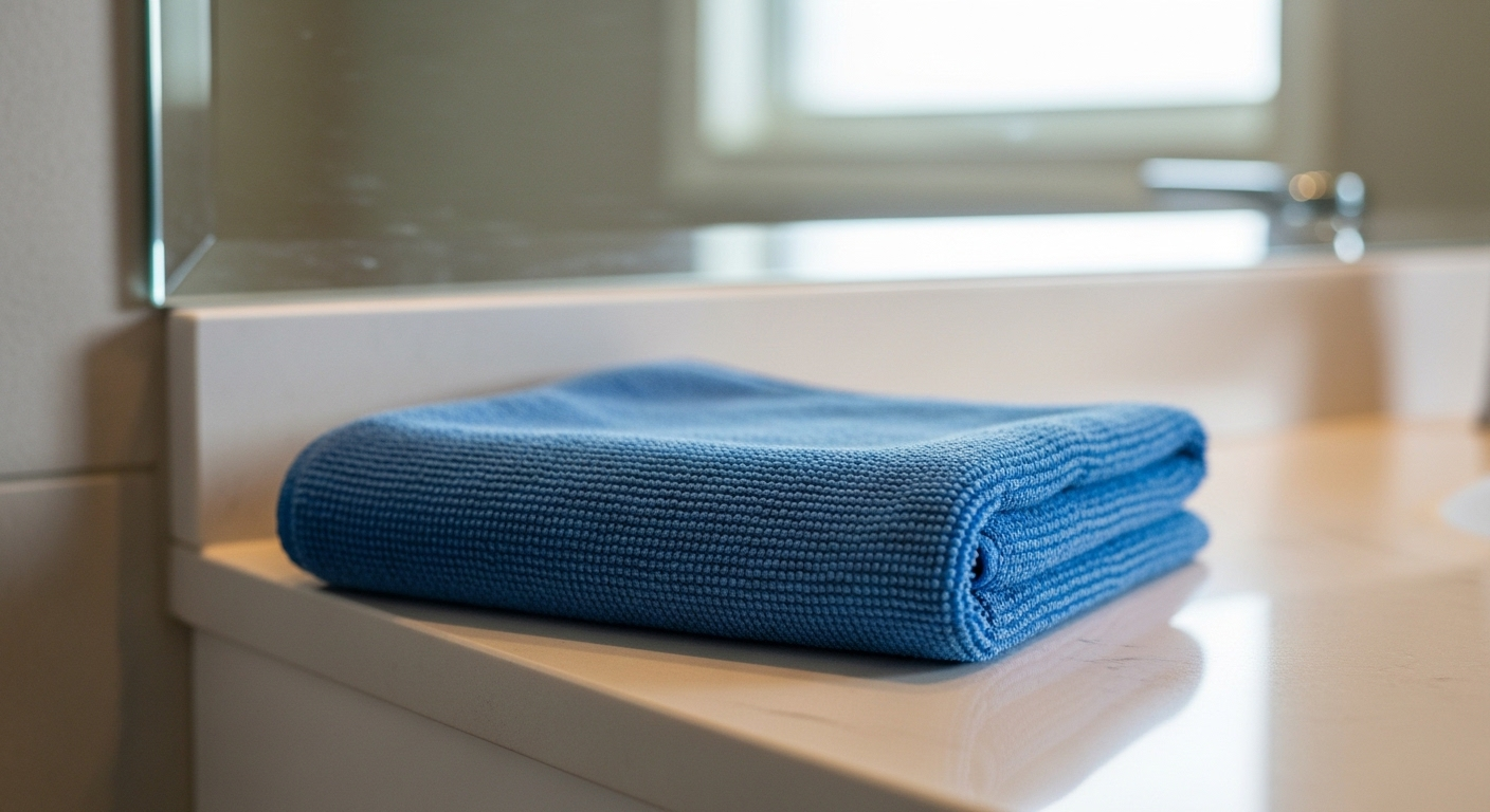 Khăn microfiber xanh sạch, gấp gọn trên bồn rửa mặt, sẵn sàng cho cách làm sạch gương nhà tắm sáng bóng. Khăn microfiber xanh sạch, gấp gọn trên bồn rửa mặt, sẵn sàng cho cách làm sạch gương nhà tắm sáng bóng.