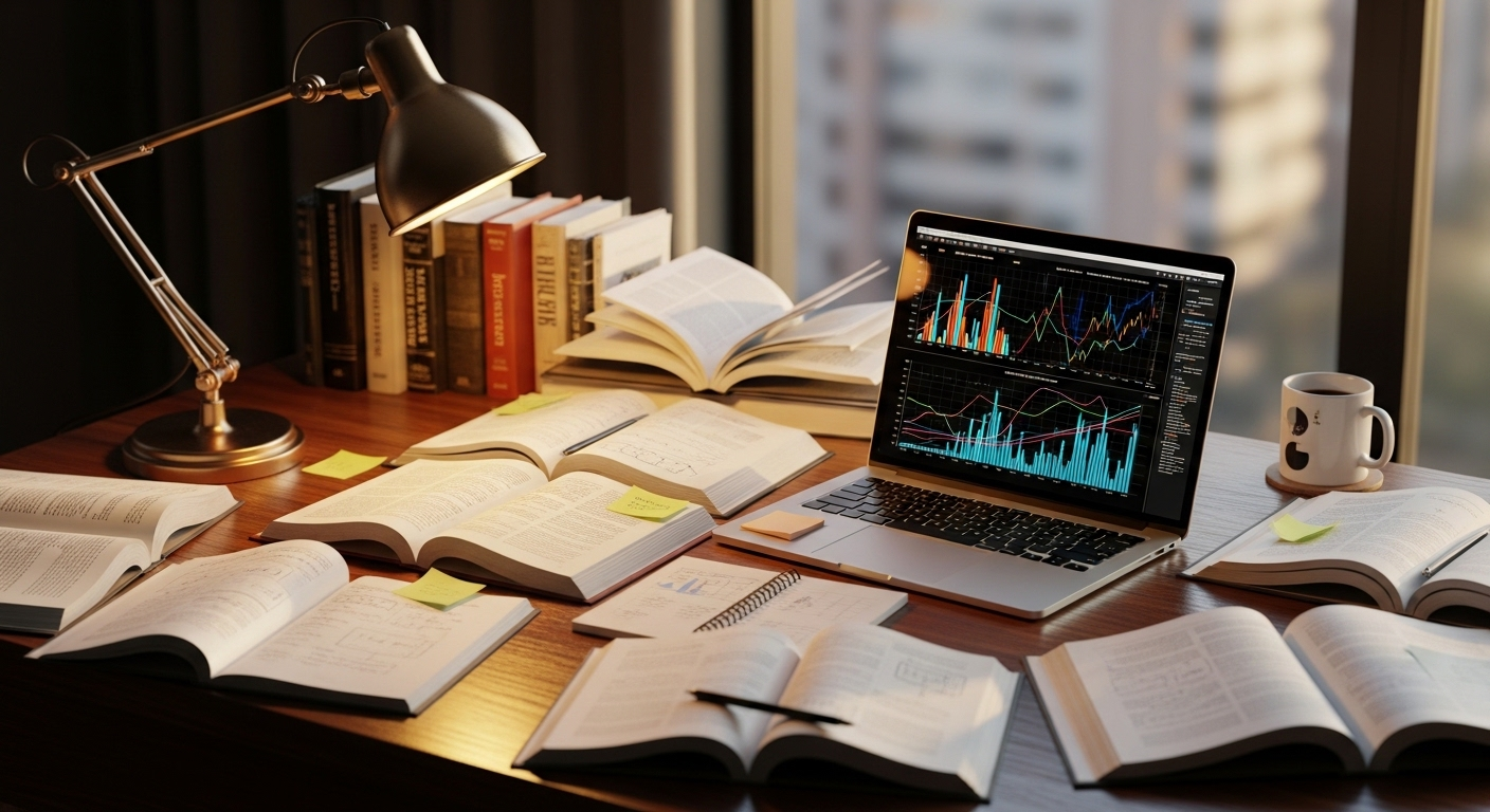 Bàn làm việc được tổ chức với sách nghiên cứu, laptop hiển thị biểu đồ dữ liệu và sổ ghi chú, là không gian lý tưởng để phát triển nội dung từ một bài viết trống.