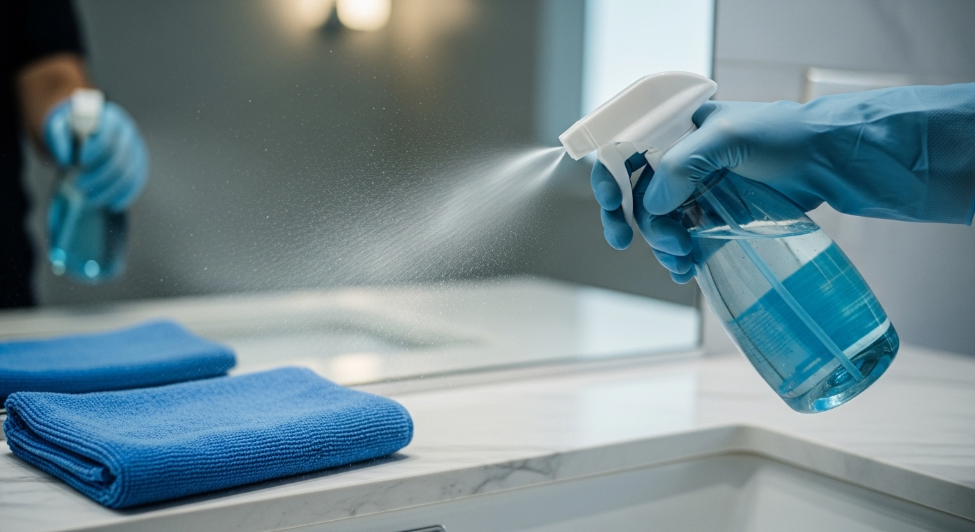 Bàn tay đeo găng xịt dung dịch vệ sinh lên gương nhà tắm, khăn microfiber xanh bên cạnh. Thực hiện cách làm sạch gương nhà tắm.