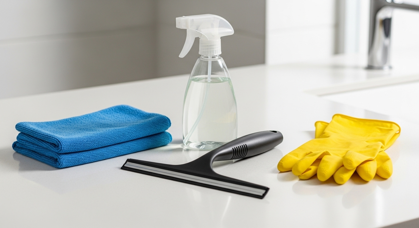 Dụng cụ làm sạch gương phòng tắm gồm khăn microfiber xanh, bình xịt, cây gạt nước và găng tay vàng, đặt gọn gàng trên mặt bàn trắng.