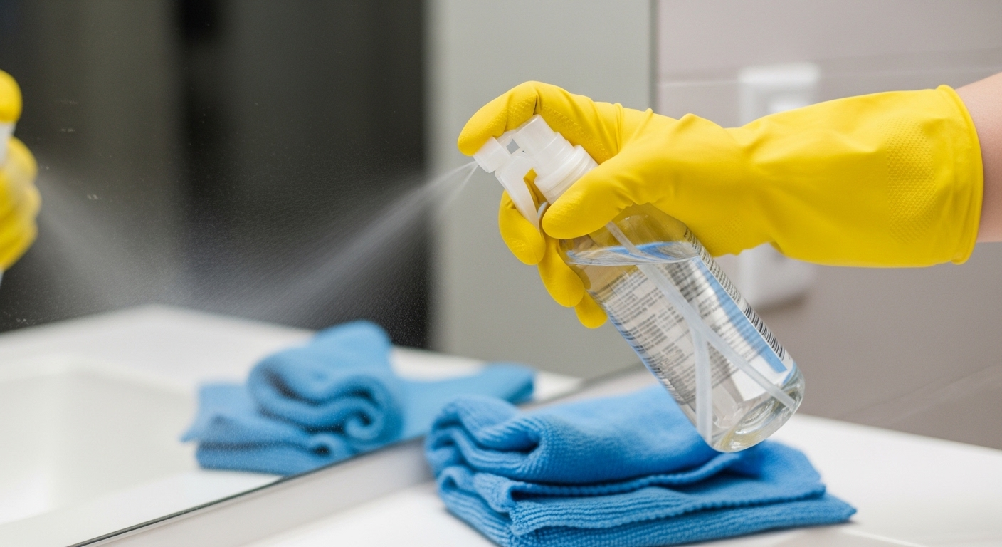 Tay đeo găng vàng đang xịt dung dịch vệ sinh lên gương nhà tắm, cạnh khăn lau microfiber. Minh họa cách vệ sinh gương nhà tắm bị ố hiệu quả.