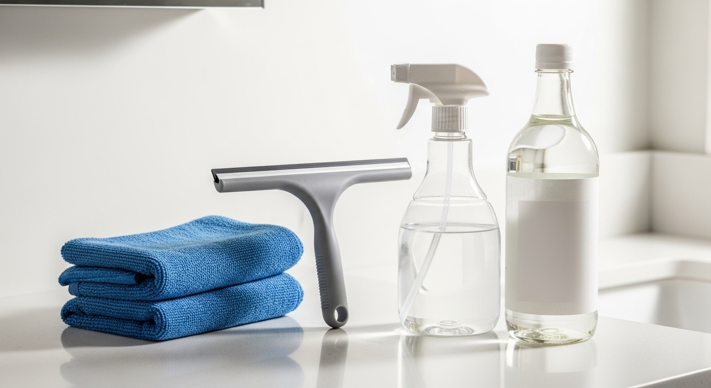 khăn microfiber xanh, cây gạt nước, bình xịt và giấm trắng – những thứ cần thiết cho cách làm sạch gương phòng tắm sáng bóng.