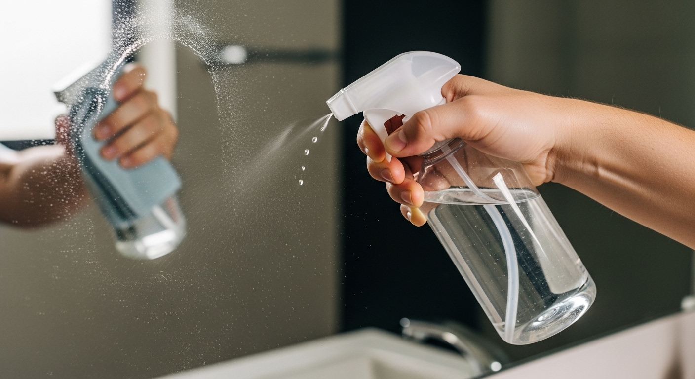 Bàn tay xịt dung dịch tẩy vết ố lên gương, sẵn sàng dùng khăn microfiber lau sạch.