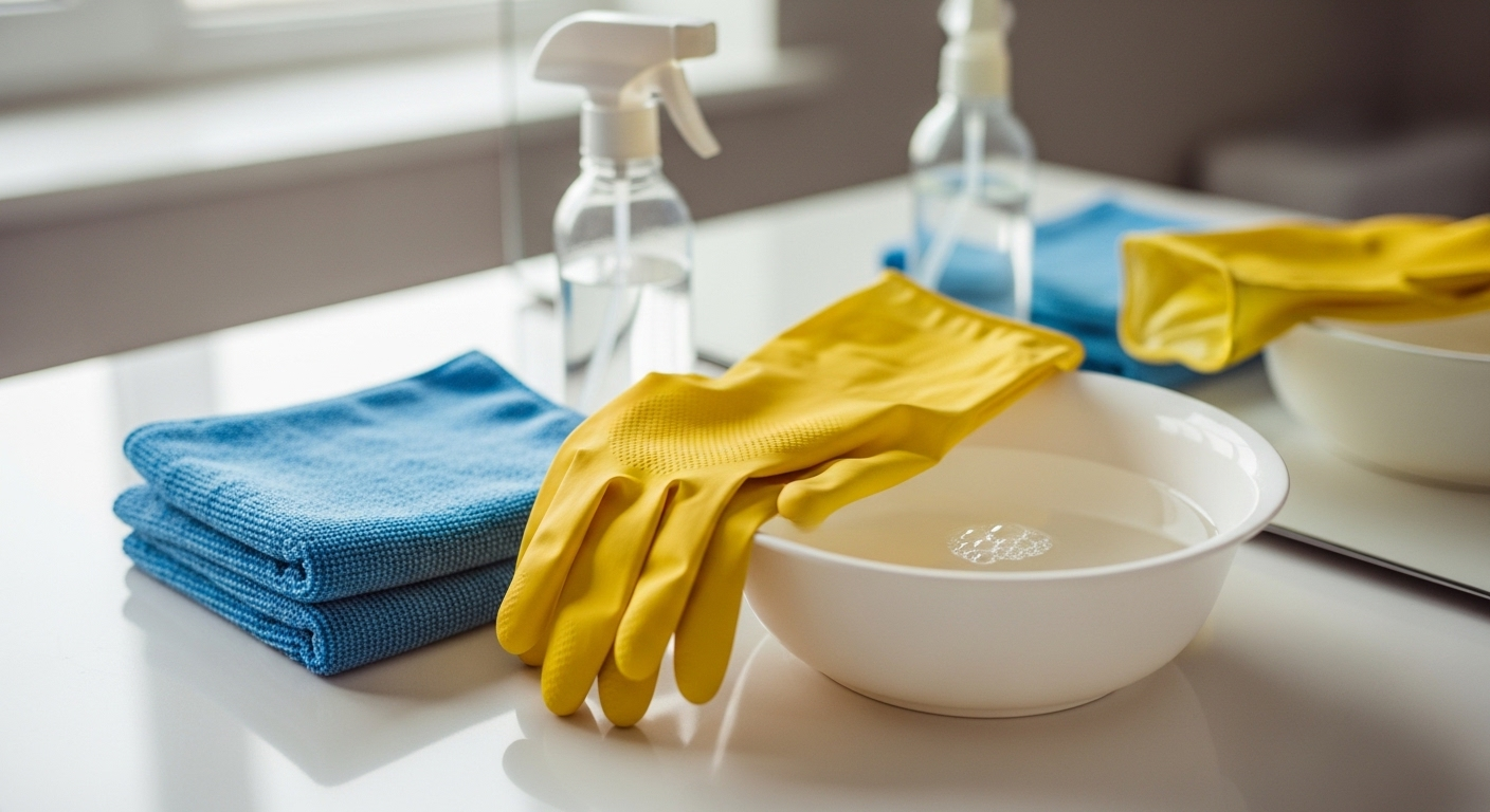 Bộ dụng cụ làm sạch gương bị mốc gồm khăn microfiber, bình xịt, găng tay và nước ấm, được sắp xếp gọn gàng trên kệ phòng tắm.