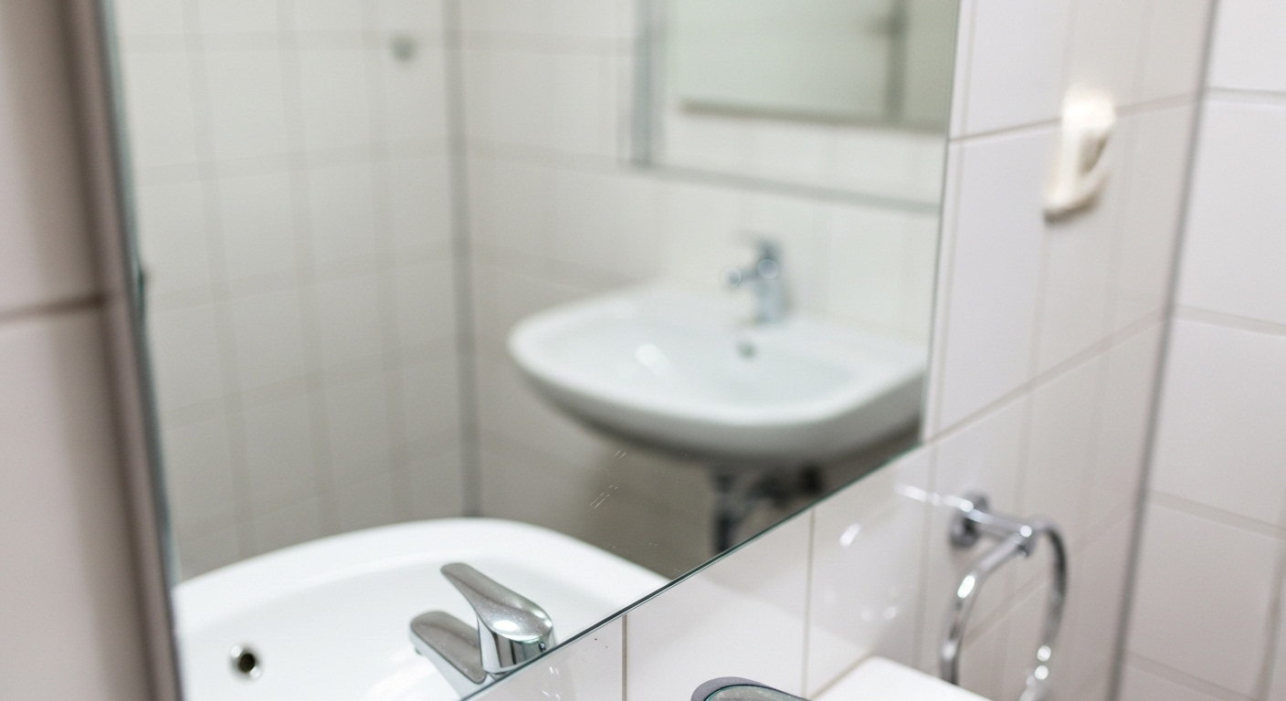 Gương nhà tắm sáng bóng, trong vắt như pha lê, phản chiếu sắc nét gạch ốp tường trắng và bồn rửa sạch tinh. Đây chính là thành quả của cách làm sạch gương nhà tắm bị ố mờ hiệu quả.