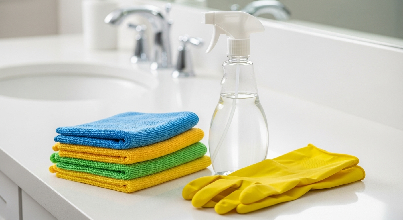 Bộ dụng cụ vệ sinh phòng tắm gọn gàng gồm khăn microfiber, bình xịt và găng tay cao su, rất cần thiết cho cách làm sạch gương nhà tắm bị ố vàng.