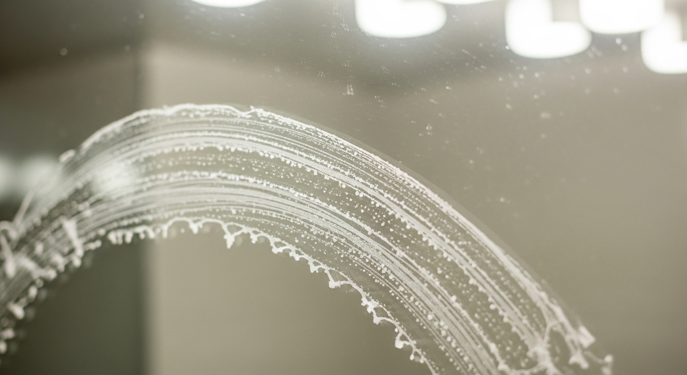 Cận cảnh gương phòng tắm bám đầy cặn khoáng trắng và vệt xà phòng khô, minh họa tình trạng cần vệ sinh gương phòng tắm hiệu quả.