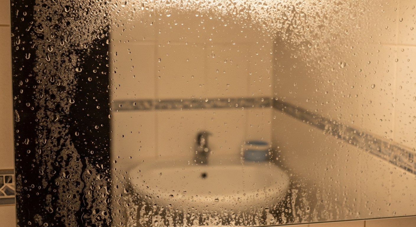 Gương nhà tắm cận cảnh mờ đục bởi hơi nước, vết nước và cặn khoáng tích tụ, minh họa rõ nhu cầu làm sạch gương nhà tắm định kỳ.