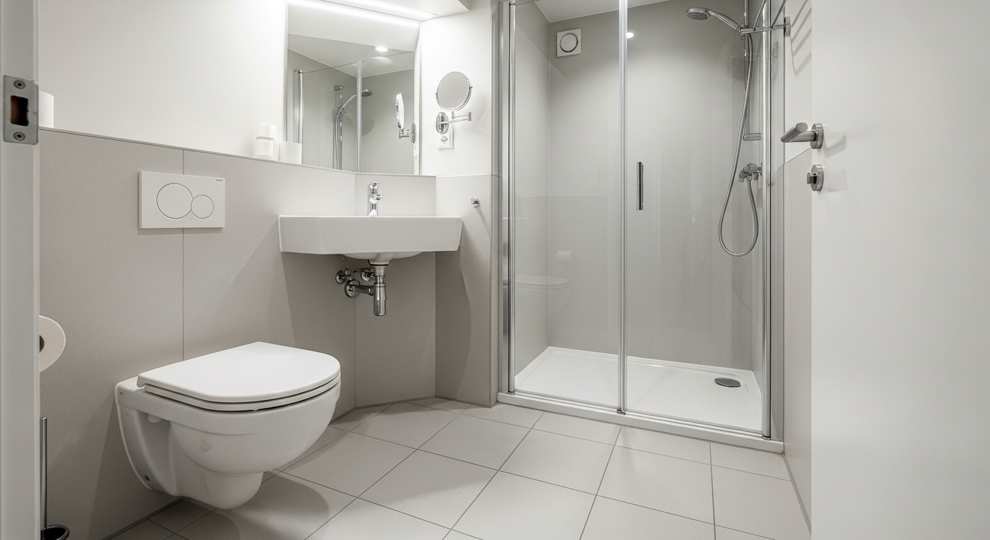 Phòng tắm nhỏ gọn, hiện đại với bồn cầu treo tường, lavabo góc và vòi sen kính. Thiết kế tối ưu không gian, hài hòa cùng các thiết bị vệ sinh và thiết bị nhà bếp cao cấp khác trong ngôi nhà. Phòng tắm nhỏ gọn, hiện đại với bồn cầu treo tường, lavabo góc và vòi sen kính. Thiết kế tối ưu không gian, hài hòa cùng các thiết bị vệ sinh và thiết bị nhà bếp cao cấp khác trong ngôi nhà.