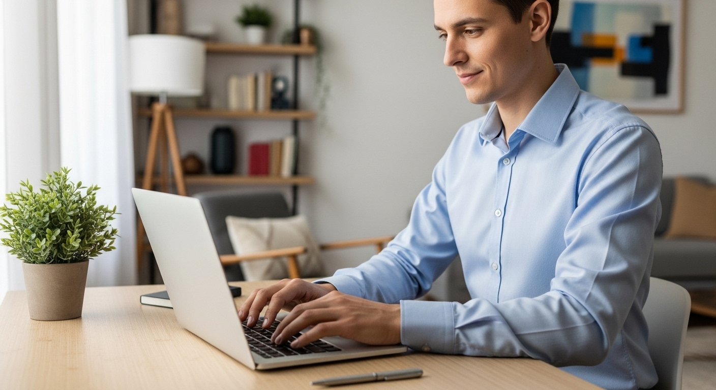 Cá nhân mặc áo sơ mi xanh nhạt chuyên nghiệp, ngồi tập trung tại bàn làm việc ở nhà, minh họa cách làm việc tại nhà hiệu quả trong không gian sống ngăn nắp.