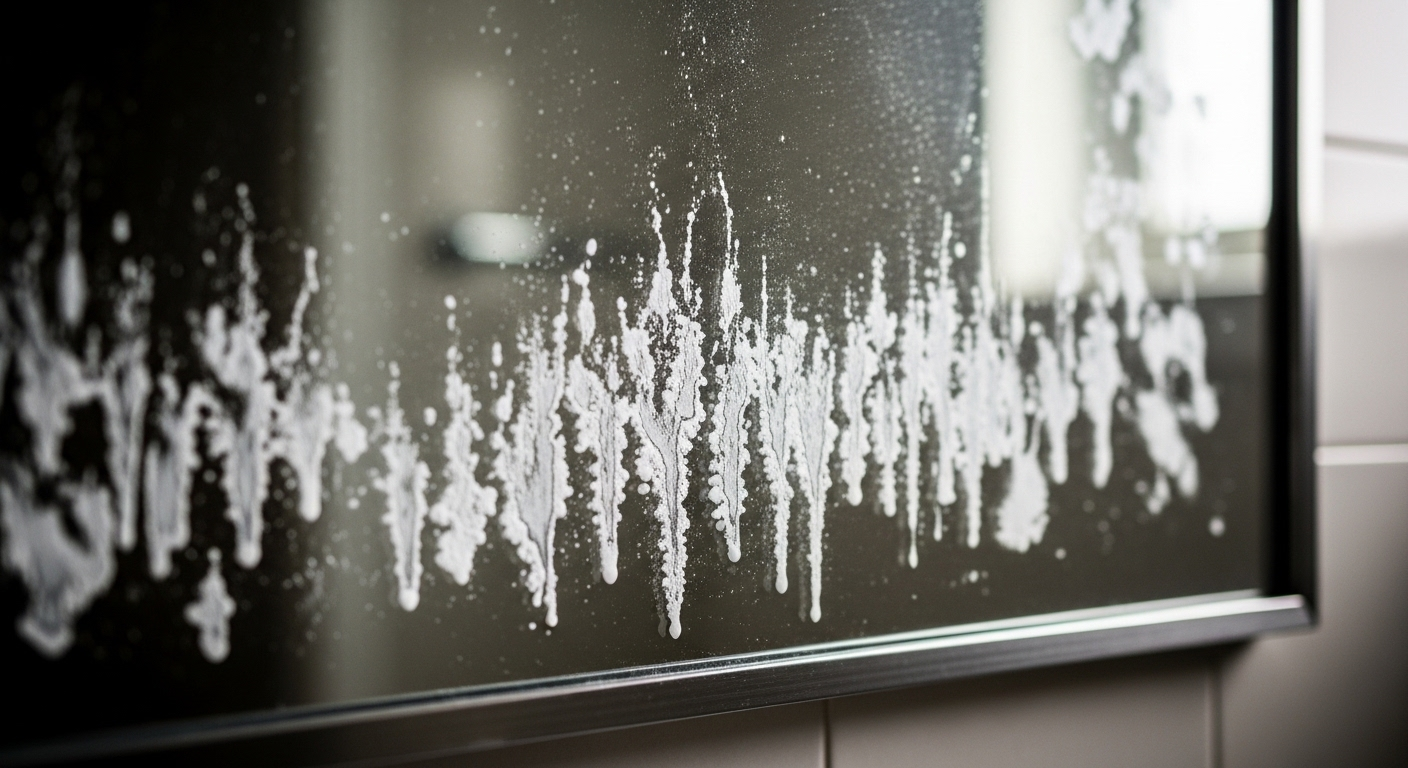 Cận cảnh gương nhà tắm bị ố cặn khoáng trắng đục và vết nước cứng, gợi ý cần tìm cách làm sạch gương nhà tắm hiệu quả.