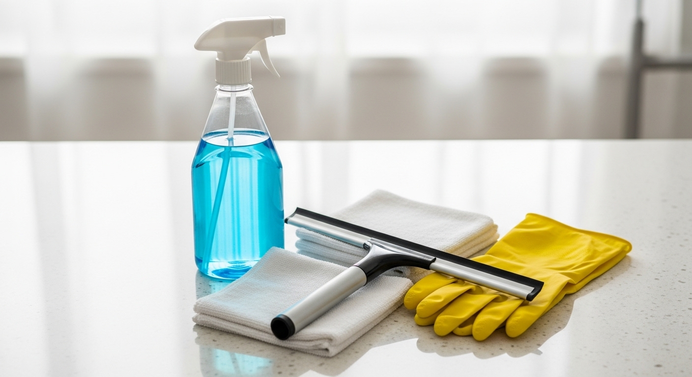 Bộ dụng cụ lau gương chuyên nghiệp gồm bình xịt, khăn microfiber, gạt kính và găng tay, sẵn sàng cho cách lau gương sạch không tì vết.