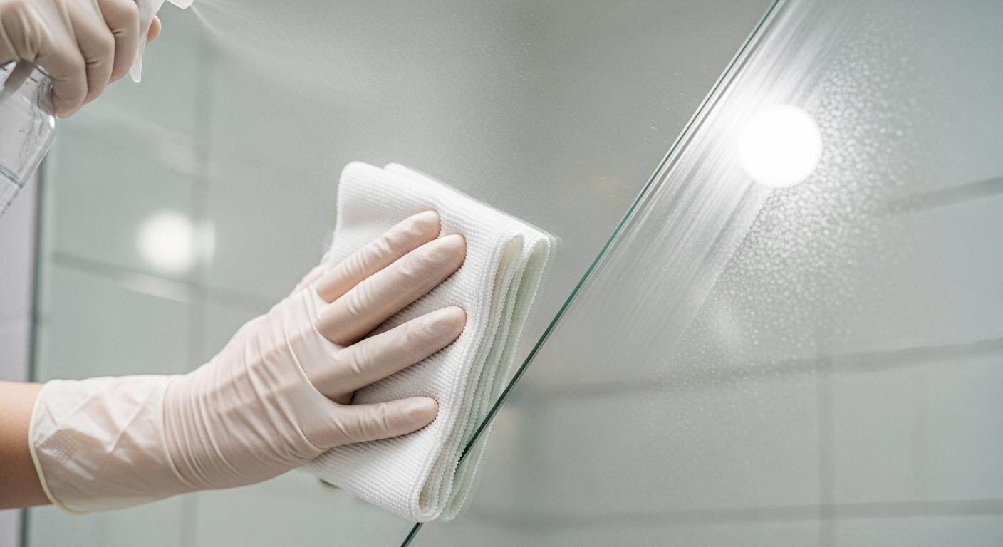 Bàn tay đeo găng dùng khăn microfiber trắng lau sạch một vệt sáng trên gương, minh họa cách lau gương sạch không để lại vệt ố. Bàn tay đeo găng dùng khăn microfiber trắng lau sạch một vệt sáng trên gương, minh họa cách lau gương sạch không để lại vệt ố.