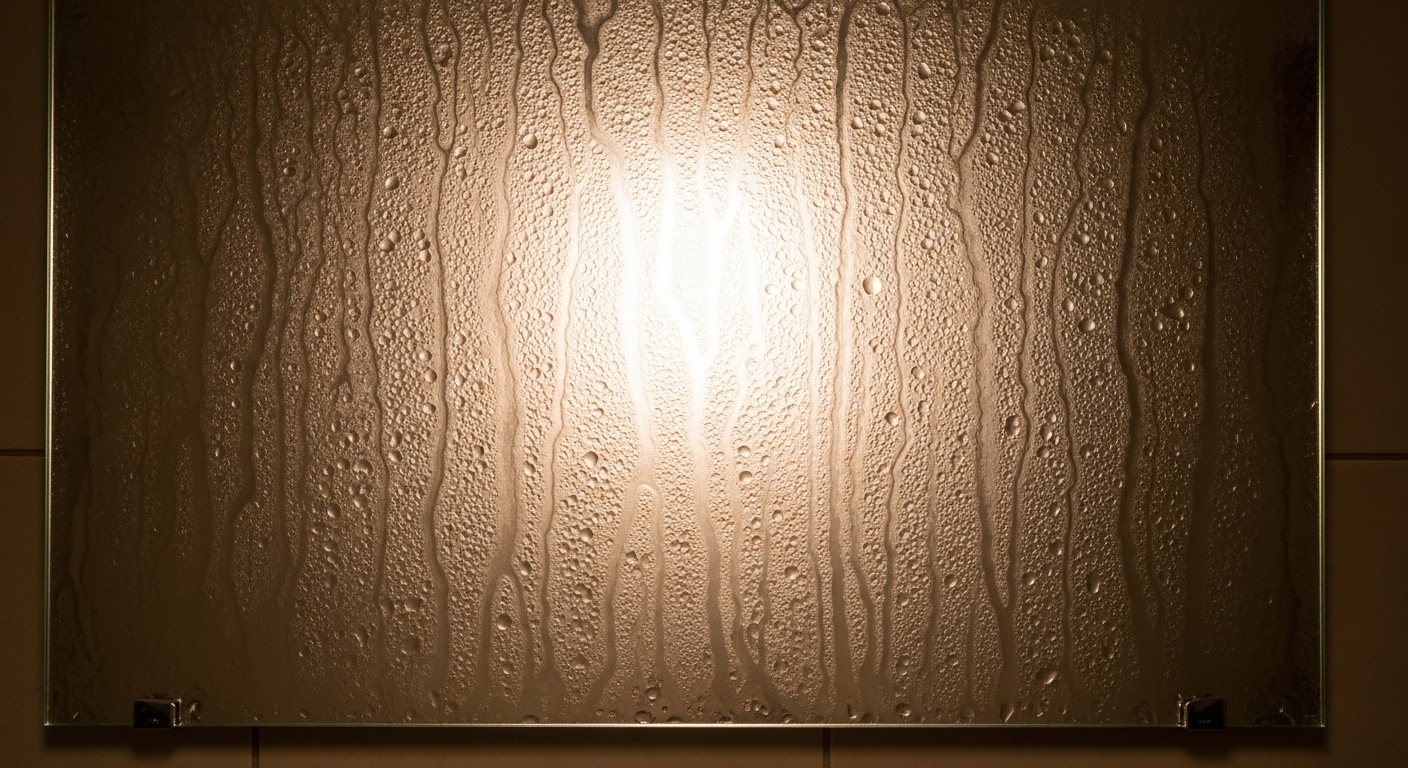 Gương nhà tắm bị mờ đục bởi lớp hơi nước dày đặc và giọt nước, khiến phản chiếu trở nên nhòe nhoẹt. Hình ảnh điển hình cho việc cần biết cách làm sạch gương nhà tắm hiệu quả.