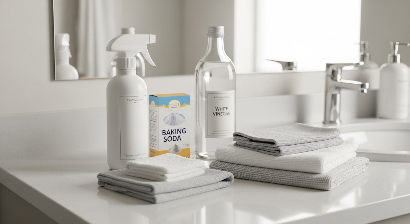 Các vật liệu tẩy rửa tự nhiên (giấm trắng, baking soda, bình xịt, khăn microfiber) trên bàn phòng tắm, gợi ý cách làm sạch gương nhà tắm sáng bóng.