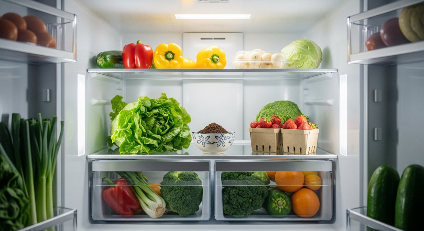 Nội thất tủ lạnh đầy rau củ quả tươi, với chén bã cà phê nhỏ giúp khử mùi. Đây là mẹo vặt gia đình hiệu quả cho tủ lạnh luôn thơm mát.