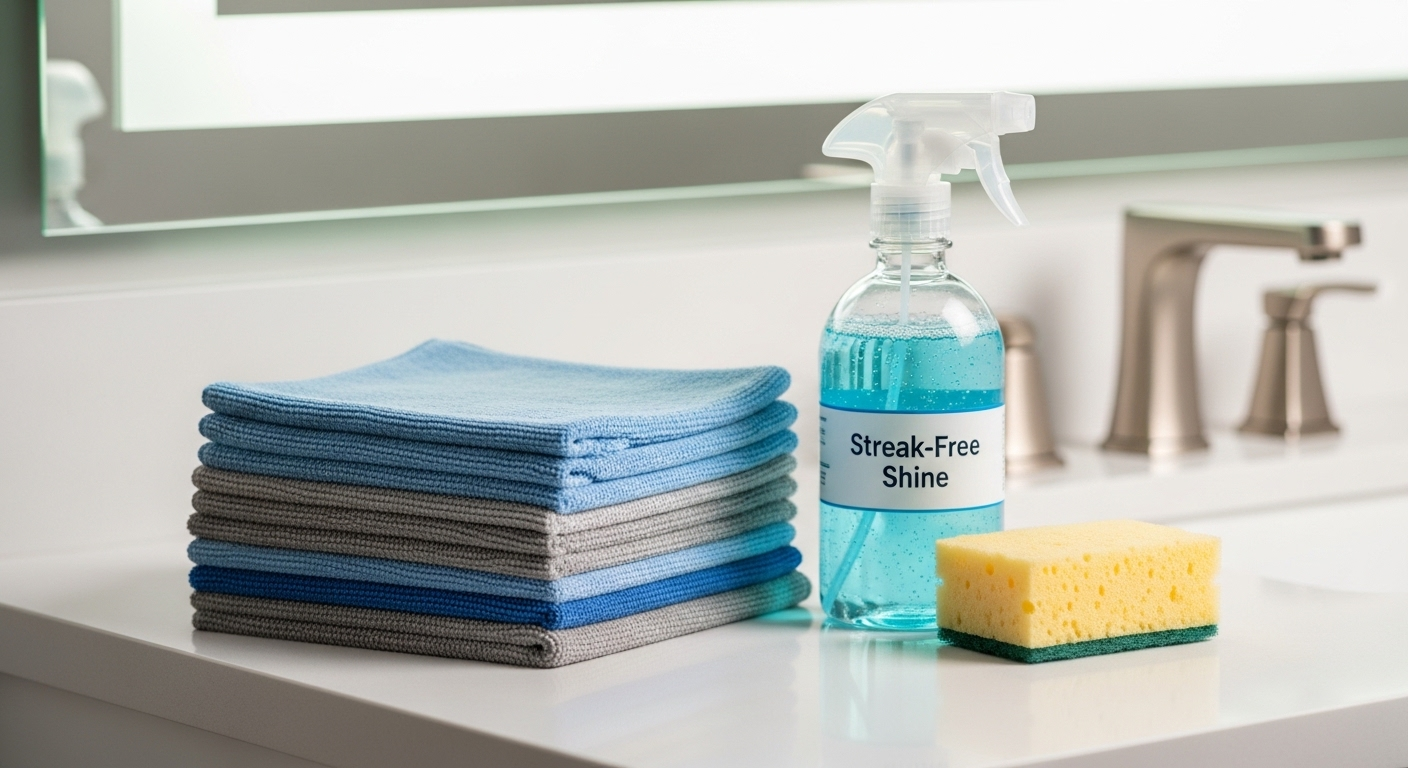 khăn microfiber, bình xịt và miếng mút vàng sắp xếp gọn gàng trên mặt bàn trắng. khăn microfiber, bình xịt và miếng mút vàng sắp xếp gọn gàng trên mặt bàn trắng.