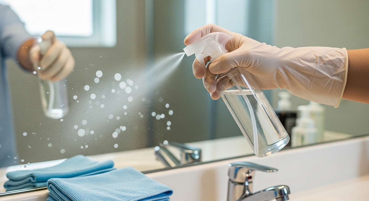 Bàn tay đeo găng xịt dung dịch lên gương nhà tắm bị ố nước, minh họa mẹo làm sạch gương nhà tắm hiệu quả. Bàn tay đeo găng xịt dung dịch lên gương nhà tắm bị ố nước, minh họa mẹo làm sạch gương nhà tắm hiệu quả.