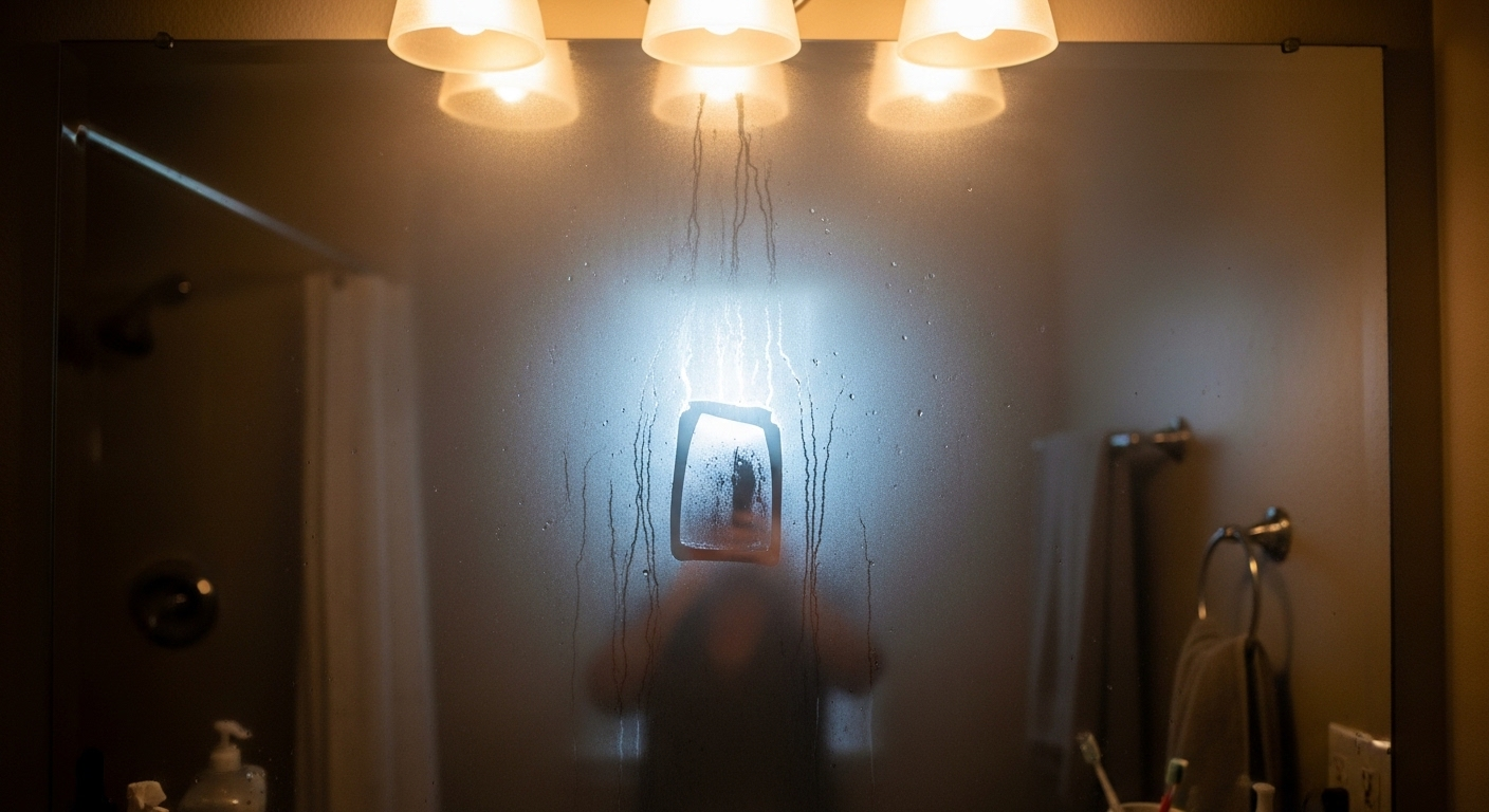 Gương phòng tắm mờ hơi nước dày đặc sau khi tắm, minh họa tình trạng cần đến cách vệ sinh gương phòng tắm hiệu quả.