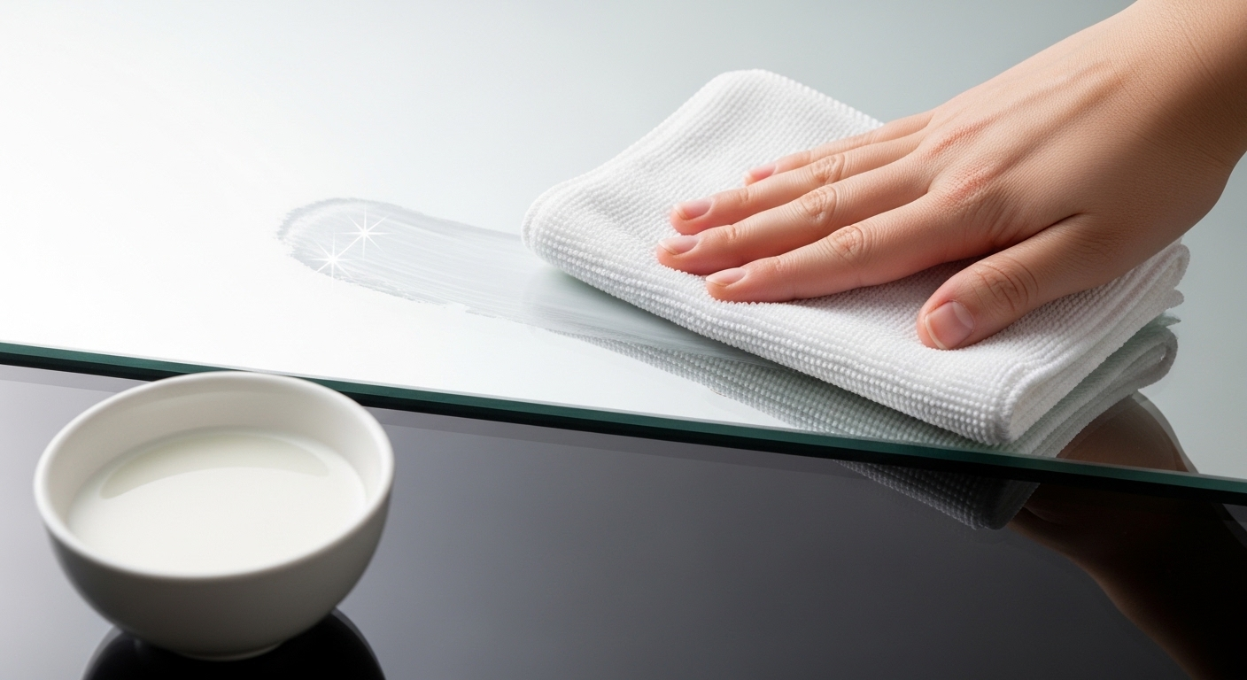 Khăn microfiber trắng đang lau sạch gương, bên cạnh là bát sữa tươi dùng để làm sạch gương bị mốc tự nhiên, mang lại vẻ sáng bóng.