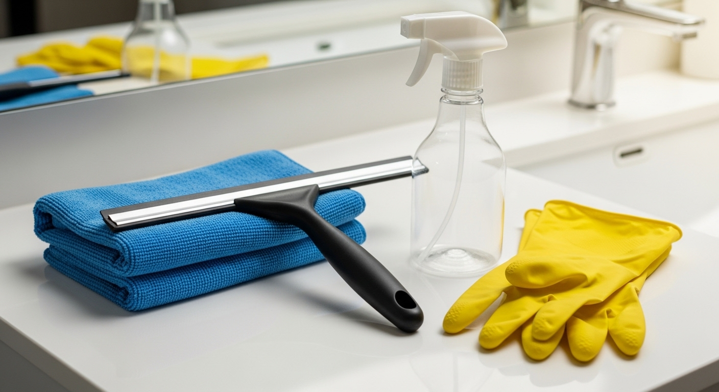 Bộ dụng cụ chuyên nghiệp cho cách làm sạch gương nhà tắm không để lại vệt mờ gồm khăn microfiber xanh, cây gạt kính, bình xịt và găng tay vàng trên bàn phòng tắm sạch sẽ.