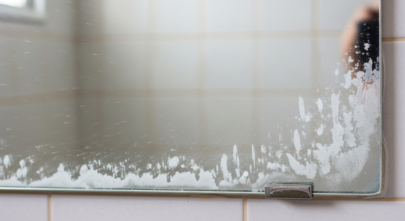 Cận cảnh gương nhà tắm đầy vết ố trắng từ cặn nước cứng, minh họa vấn đề cần tìm cách tẩy vết ố trên gương nhà tắm hiệu quả.