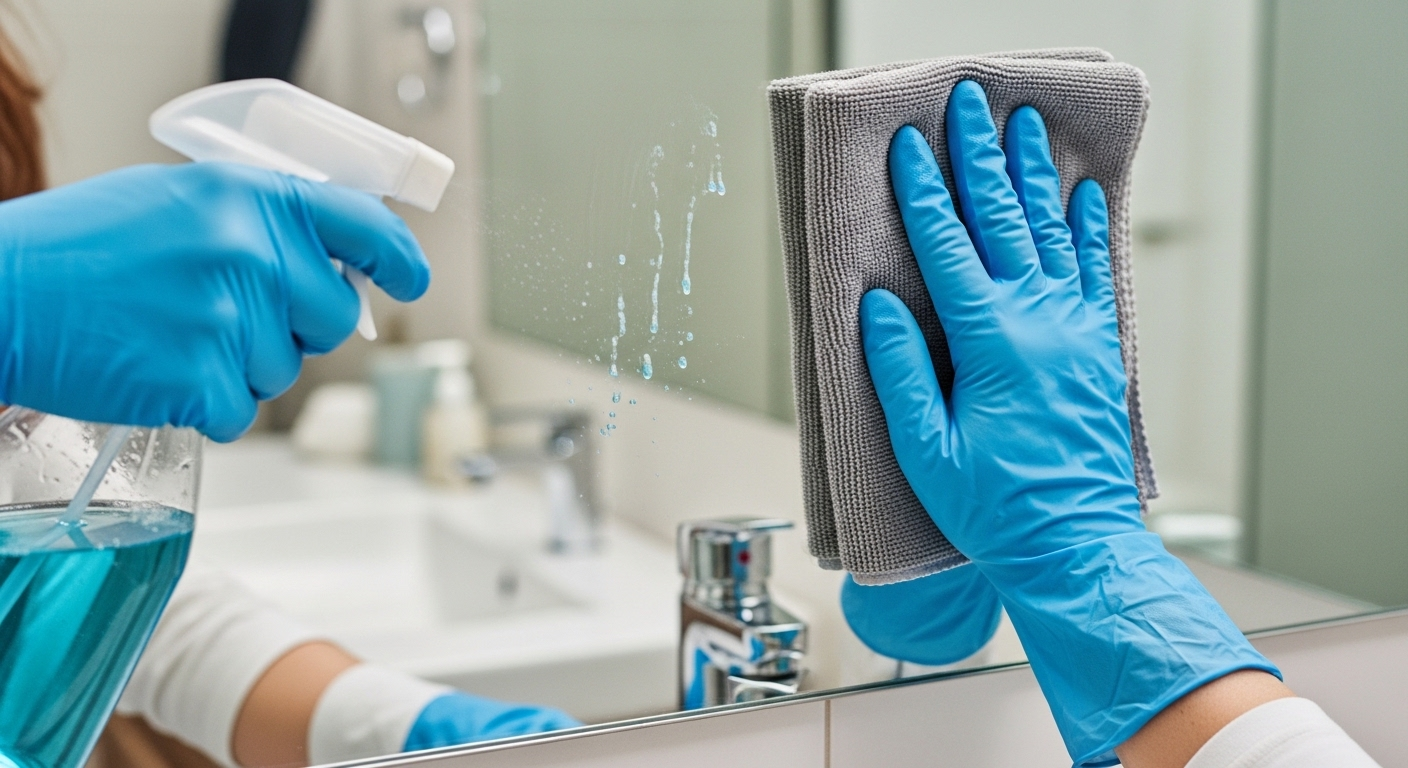 Bàn tay đeo găng dùng bình xịt và khăn microfiber làm sạch gương phòng tắm, minh họa cách khắc phục gương phòng tắm bị mờ bằng việc loại bỏ các vệt nước và vết ố, giúp gương sáng bóng.