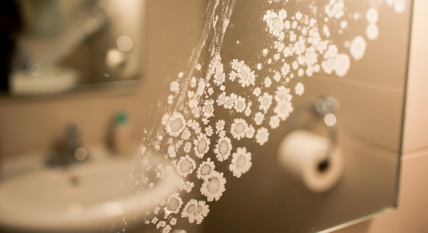 Cận cảnh gương phòng tắm bị ố nước cứng trắng rõ và vệt xà phòng mờ, minh họa tình trạng cần cách làm sạch gương trong phòng tắm hiệu quả.