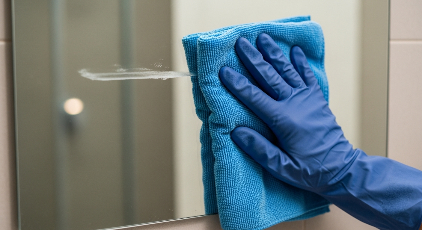 Tay đeo găng dùng khăn microfiber xanh ẩm lau sạch gương nhà tắm, minh họa mẹo làm sạch gương nhà tắm sáng bóng không vệt.