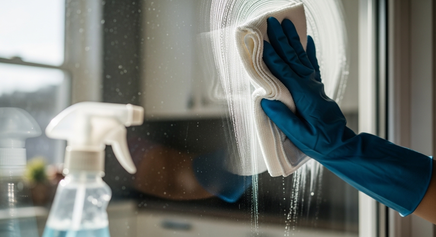 Bàn tay đeo găng dùng khăn microfiber trắng đang lau sạch vết bẩn trên cửa sổ bếp, với bình xịt dung dịch vệ sinh mờ phía trước. Hình ảnh minh họa cách lau kính sạch và sáng bóng hiệu quả.