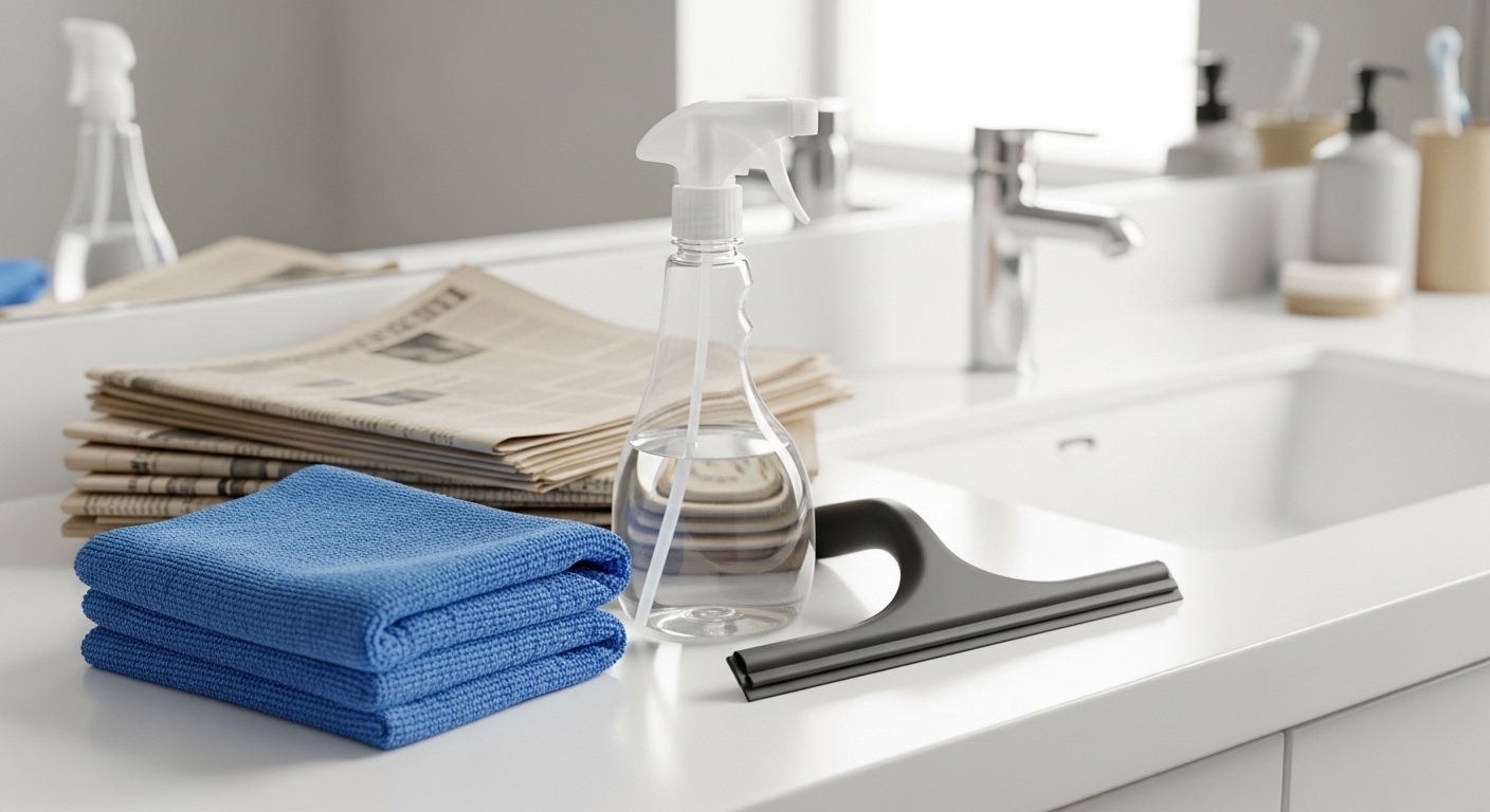 Bộ dụng cụ vệ sinh gọn gàng gồm khăn microfiber, bình xịt, cây gạt nước và giấy báo trên mặt bàn trắng cạnh bồn rửa, sẵn sàng cho việc lau gương nhà tắm.