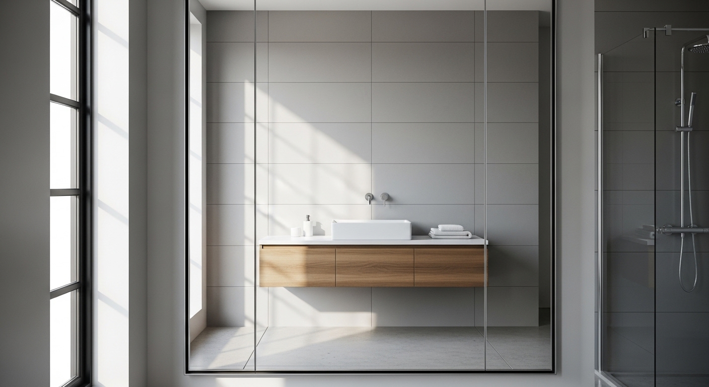 Hình ảnh vệ sinh gương phòng tắm sáng bóng hoàn hảo, phản chiếu nội thất phòng tắm hiện đại, rộng rãi dưới ánh sáng tự nhiên dịu nhẹ.