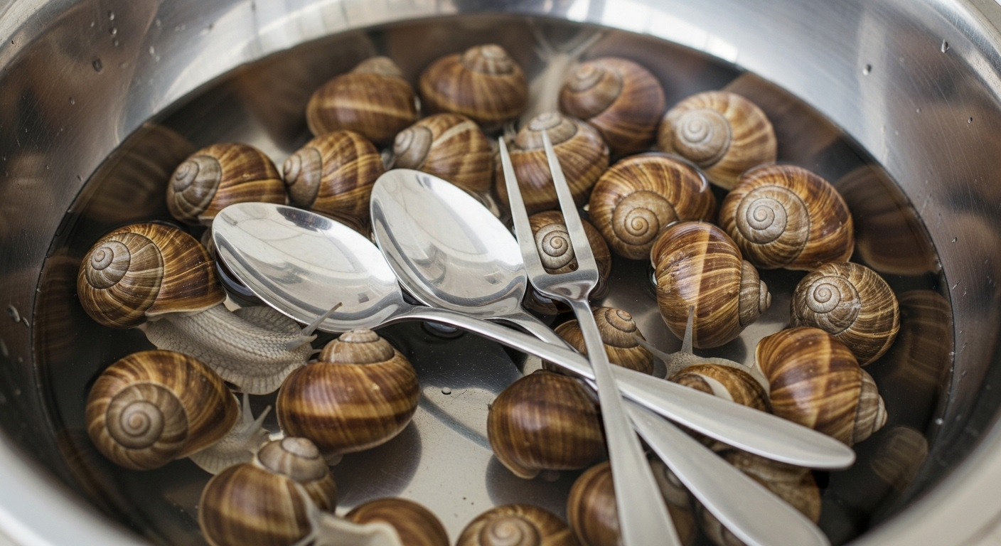 Tô inox chứa đầy ốc sống đang ngâm trong nước trong veo, cùng các dụng cụ nhà bếp như muỗng, nĩa, minh họa cách ngâm ốc sạch nhớt chuẩn bị chế biến.