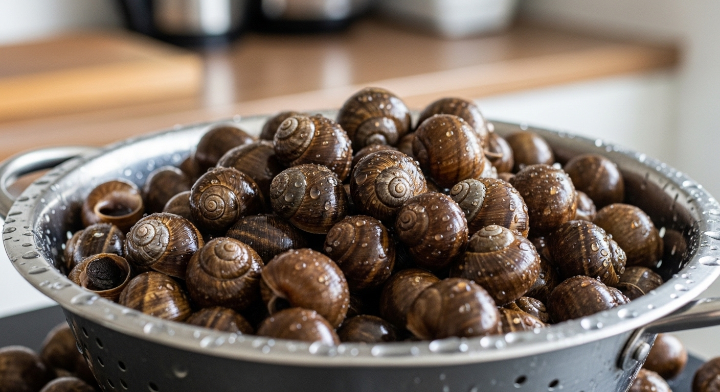 Rổ ốc tươi sạch bóng, óng ánh nước trong rổ inox, minh họa kết quả của cách ngâm ốc sạch nhớt thành công.