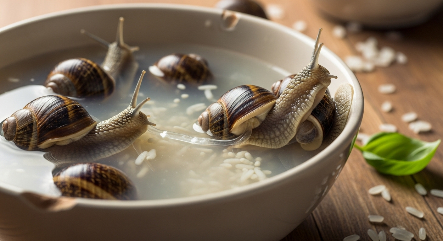 Ốc tươi đang ngâm trong nước vo gạo để nhả bùn đất, minh họa cách làm sạch ốc đơn giản và hiệu quả.
