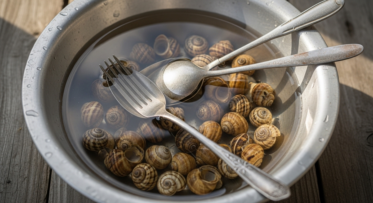 Cận cảnh thau bạc chứa ốc đang ngâm trong nước trong vắt, kèm muỗng nĩa kim loại cũ trên mặt gỗ. Minh họa cách ngâm ốc sạch trước khi chế biến.