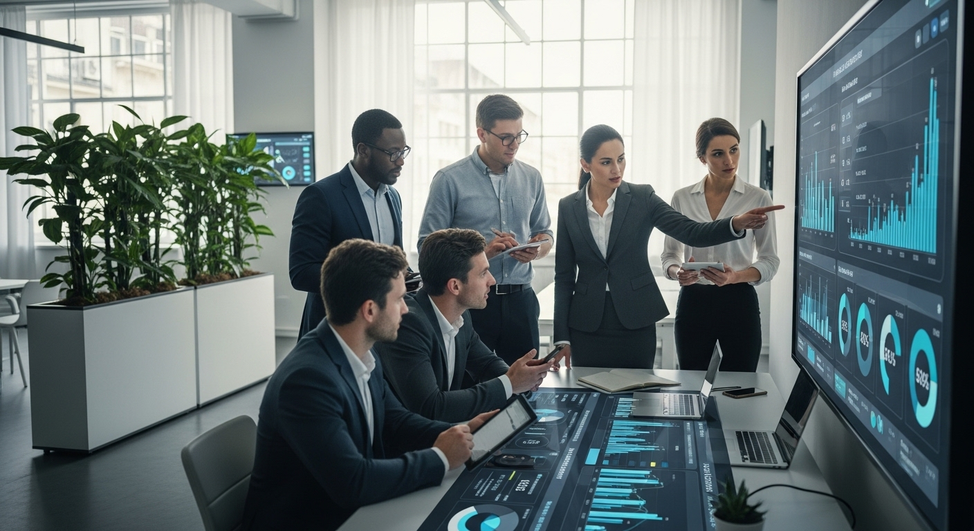 Một đội ngũ chuyên nghiệp đa dạng trong văn phòng hiện đại đang phân tích dữ liệu kinh doanh trên bảng điều khiển kỹ thuật số lớn, hiển thị biểu đồ sống động; thông tin này cũng dễ dàng truy cập qua các thiết bị như điện thoại.