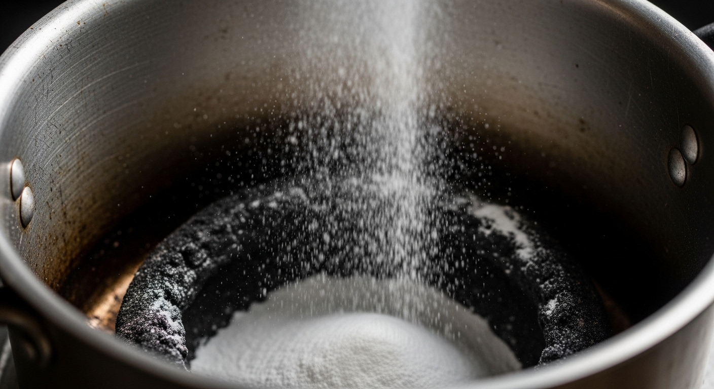 Rắc bột baking soda trắng lên vùng cháy đen bên trong nồi kim loại, minh họa phương pháp làm sạch nồi bị cháy.