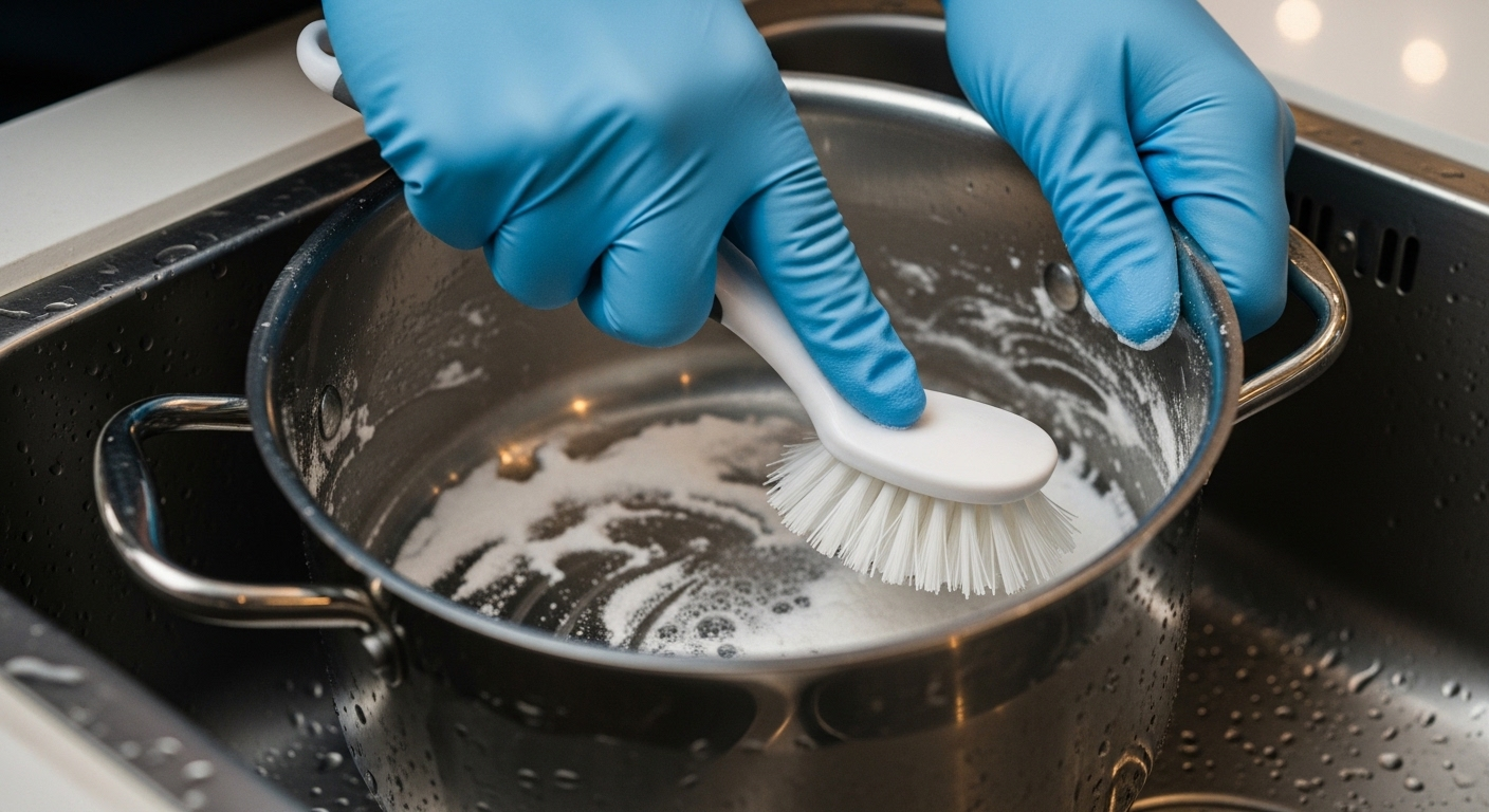Bàn tay đeo găng xanh đang dùng bàn chải mềm và bột nở để cọ rửa nồi inox trong bồn rửa, minh họa cách làm sạch nồi chảo bị cháy hiệu quả.