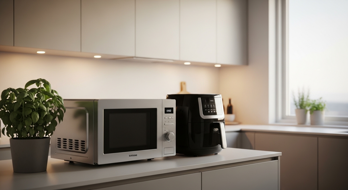 Bếp hiện đại, tối giản với lò vi sóng inox và nồi chiên không dầu trên bàn sạch sẽ, giúp tiết kiệm thời gian làm việc nhà. Không gian gọn gàng cùng chậu cây thảo mộc xanh tươi dưới ánh sáng dịu nhẹ.