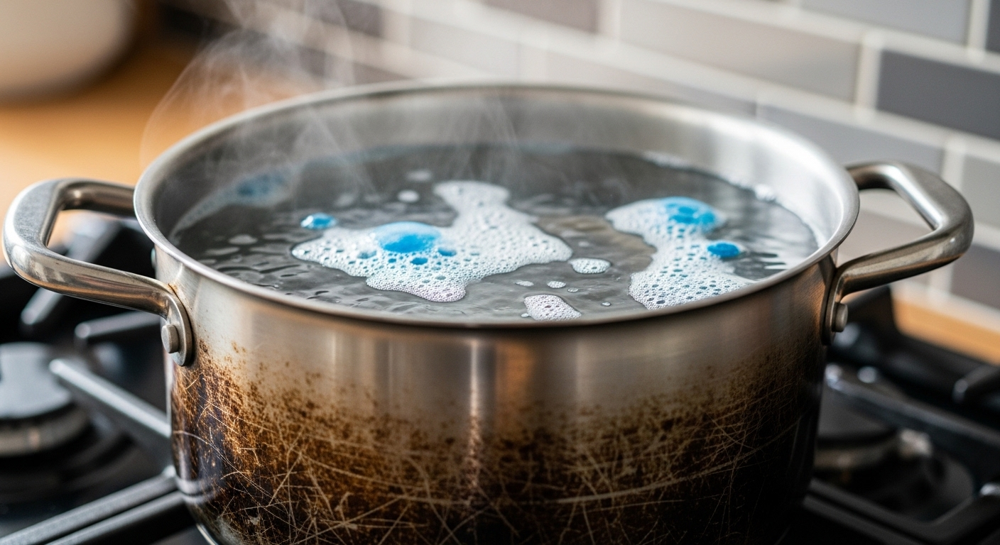 Cận cảnh nồi inox bị cháy đang đun sôi nước và xà phòng với hơi nước bốc lên, minh họa cách làm sạch nồi bị cháy hiệu quả.
