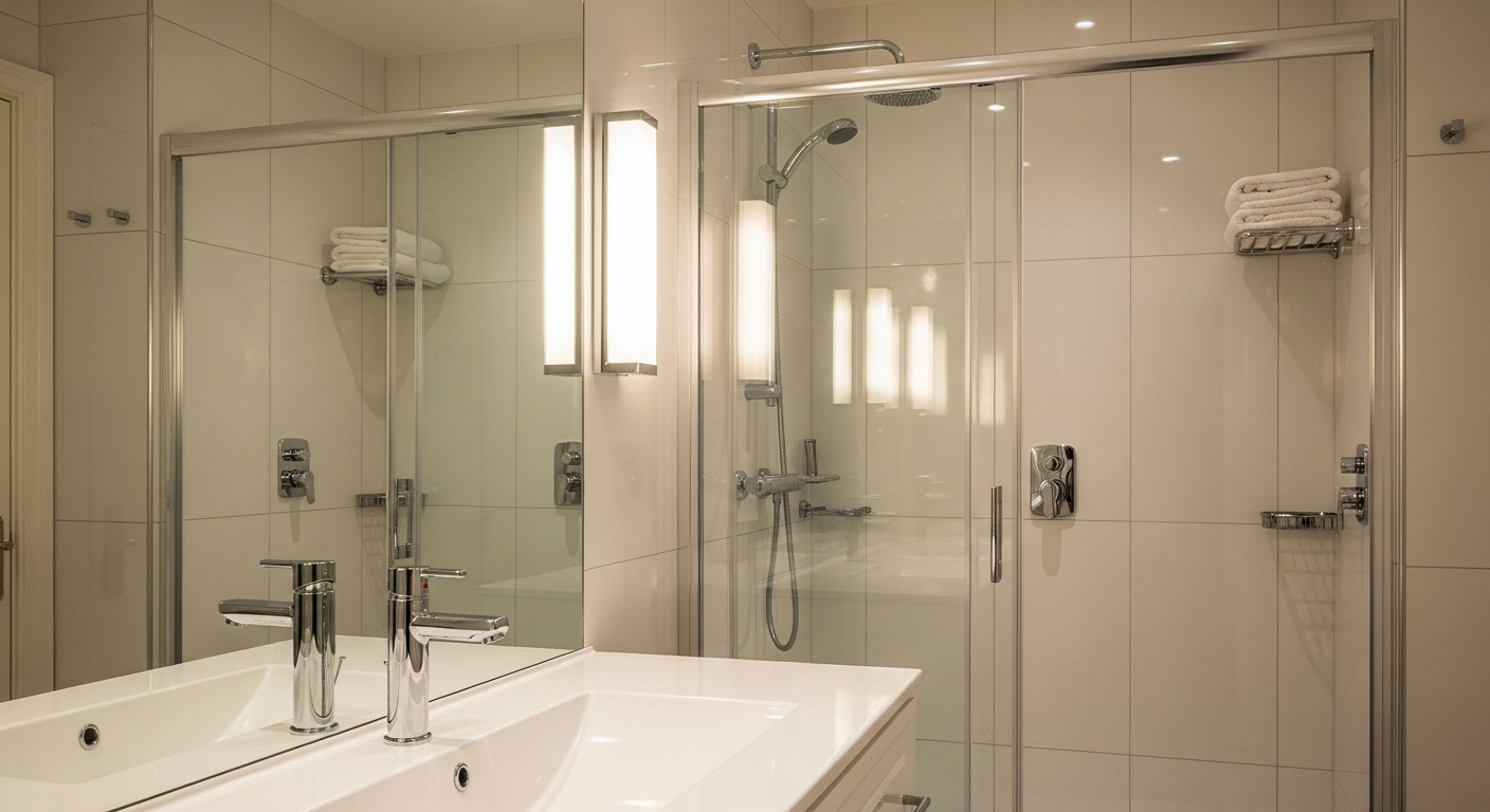 Phòng tắm hiện đại, sạch sẽ tinh tươm với vách kính và vòi chrome sáng bóng, thể hiện hiệu quả của việc vệ sinh nhà ở.