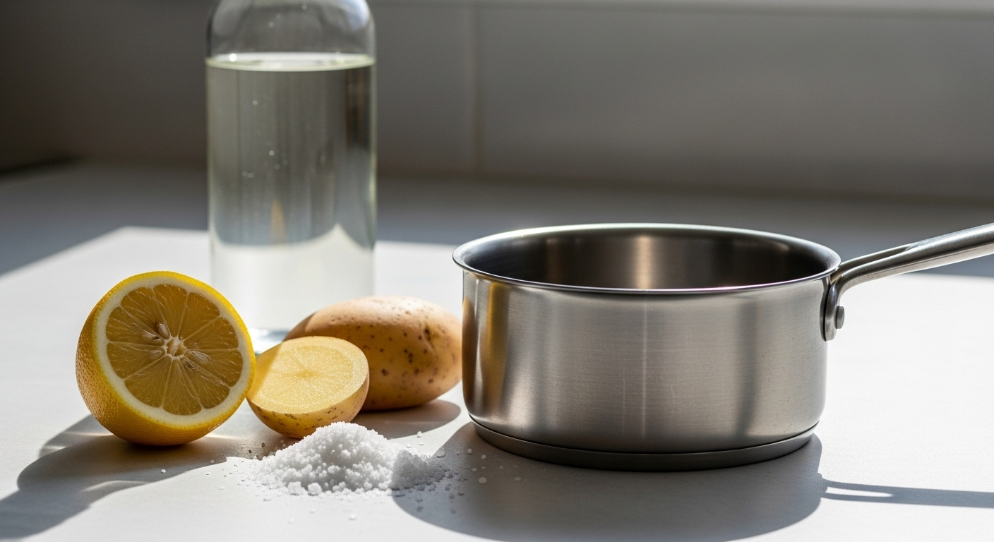 Bố cục các nguyên liệu tự nhiên như chanh, muối biển, khoai tây và giấm bên cạnh nồi bạc sạch trên bàn bếp, minh họa cách tẩy vết cháy nồi chảo hiệu quả.