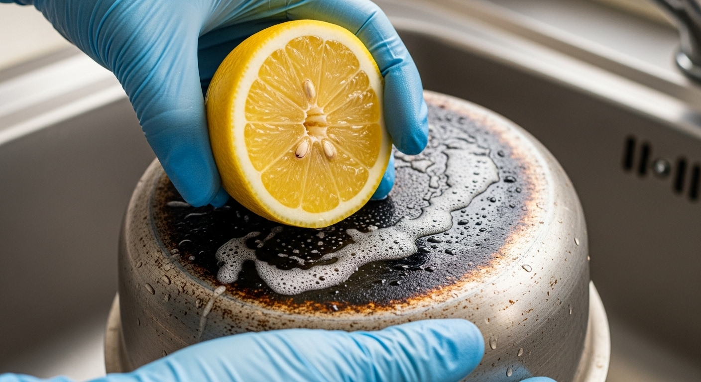 Đôi tay đeo găng đang dùng nửa quả chanh chà xát đáy xoong nồi nhôm bị cháy trên bồn rửa chén, minh họa cách vệ sinh đáy xoong nồi hiệu quả bằng nguyên liệu tự nhiên.